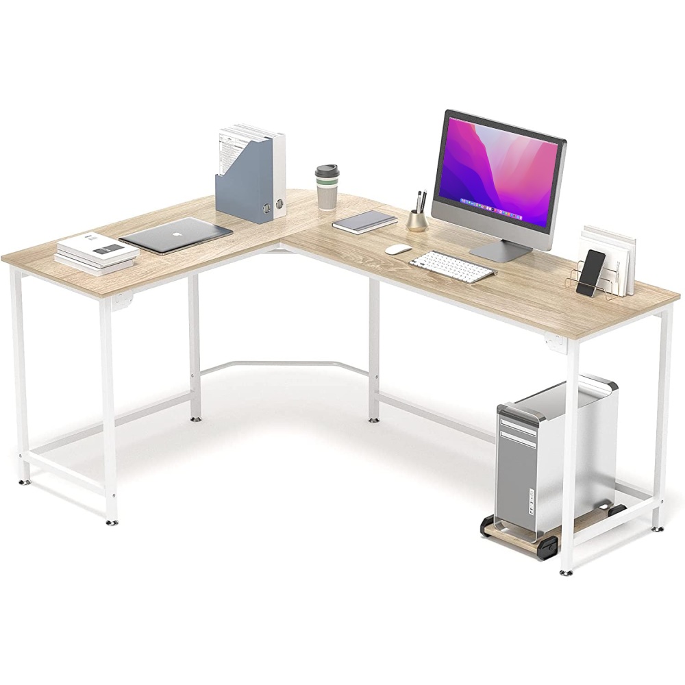 L-Shaped Corner Desk - Beige With White Frame